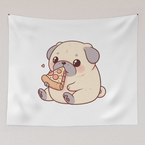 Item preview, Cute, round, chonky pug dog eating a slice of pizza!  designed and sold by Bookwyrm-Bazaar.