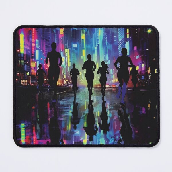 Item preview, Monochrome silhouette runners against neon-lit cityscape Active Outdoors Inspired Art designed and sold by CDC40.