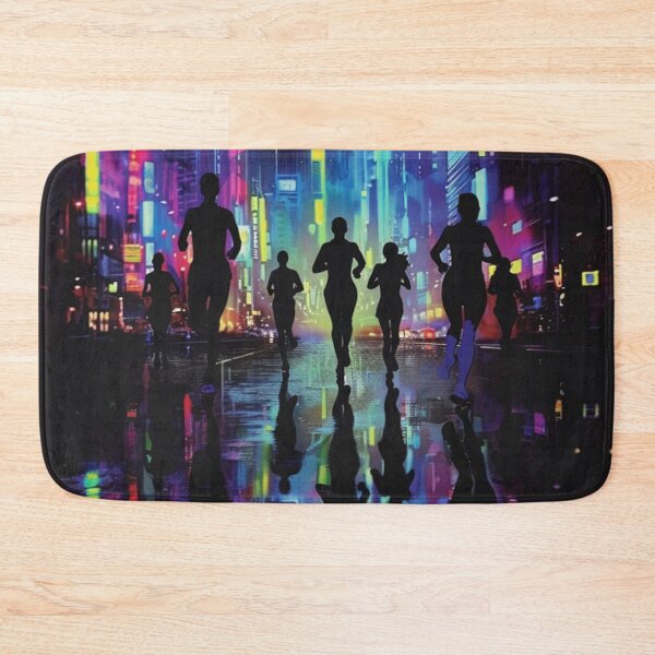 Item preview, Monochrome silhouette runners against neon-lit cityscape Active Outdoors Inspired Art designed and sold by CDC40.