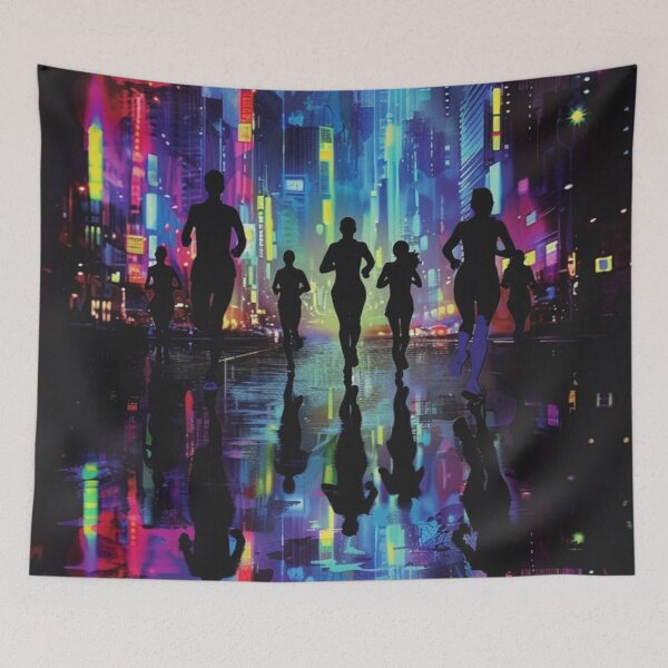 Item preview, Monochrome silhouette runners against neon-lit cityscape Active Outdoors Inspired Art designed and sold by CDC40.