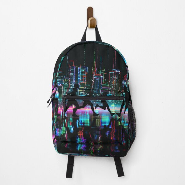 Item preview, Monochrome silhouette runners against neon-lit cityscape Active Outdoors Inspired Art designed and sold by CDC40.