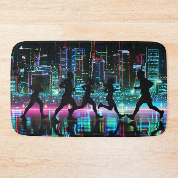 Item preview, Monochrome silhouette runners against neon-lit cityscape Active Outdoors Inspired Art designed and sold by CDC40.