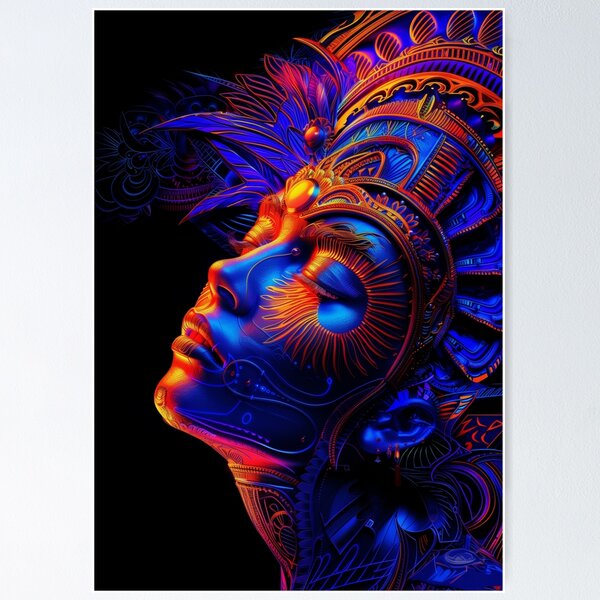 Item preview, Enchanting Blacklight Neon Portrait of Indian Woman with Ornate Headdress designed and sold by Mystikos Art.