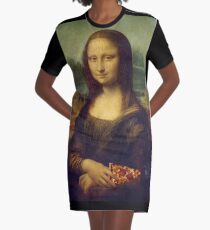 Mona Lisa with a Piece of Pizza Graphic T-Shirt Dress