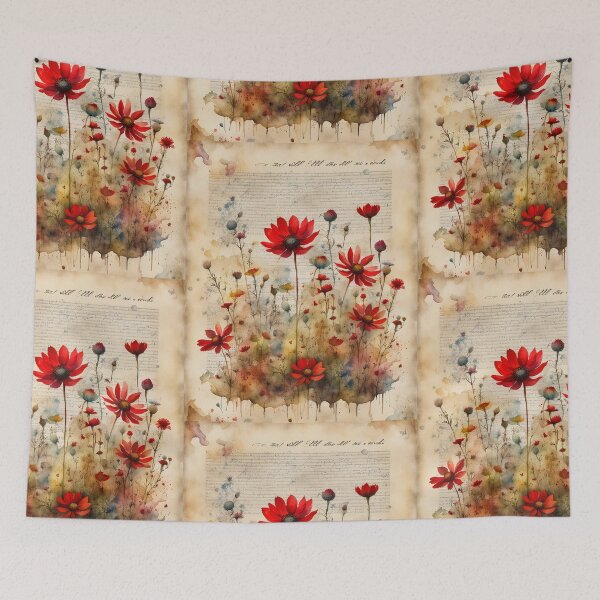 Item preview, Red and yellow wildflowers in an old book, romantic scene designed and sold by Coolparrotgirl.