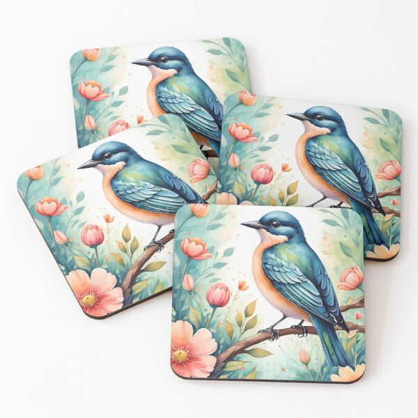 Item preview, Blue bird perched on a branch surrounded by flowers watercolor art designed and sold by ChaosEdits.