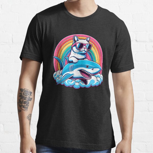 Redbubble Playful Cat Riding Shark Rainbow Classic T Shirt