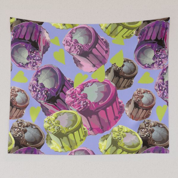 Item preview, Cakes and Hearts - Colorful Cakes and Yellow Hearts on Purple Background - Photography designed and sold by Victoria Rose.