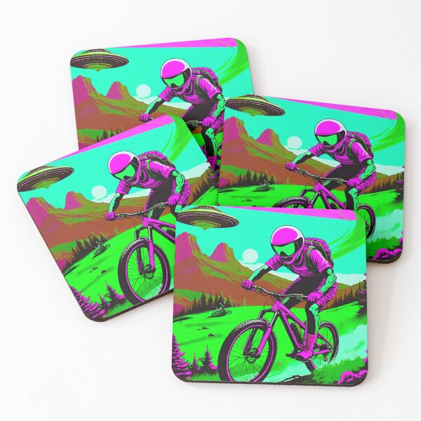 Item preview, Otherworldly Pursuit: Mountain Biker Evading Pink and Green UFOs designed and sold by GrizzlyCollective.
