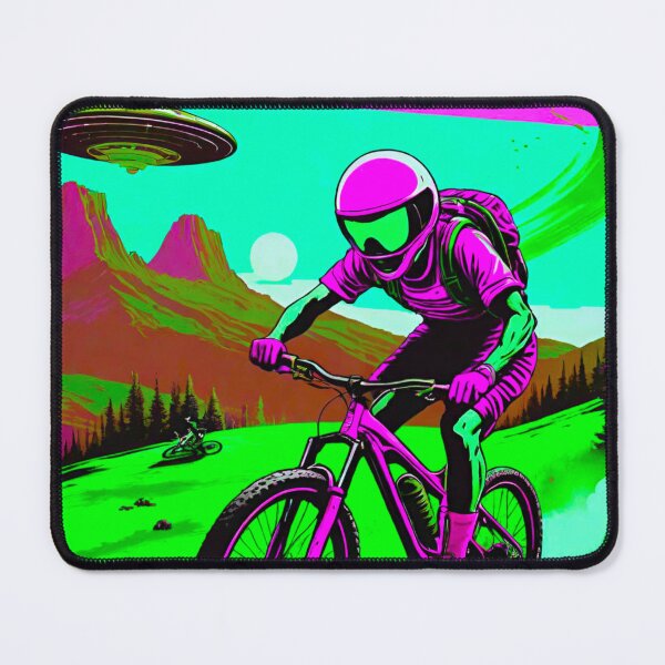 Item preview, Otherworldly Pursuit: Mountain Biker Evading Pink and Green UFOs designed and sold by GrizzlyCollective.