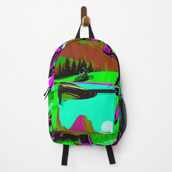 Item preview, Otherworldly Pursuit: Mountain Biker Evading Pink and Green UFOs designed and sold by GrizzlyCollective.