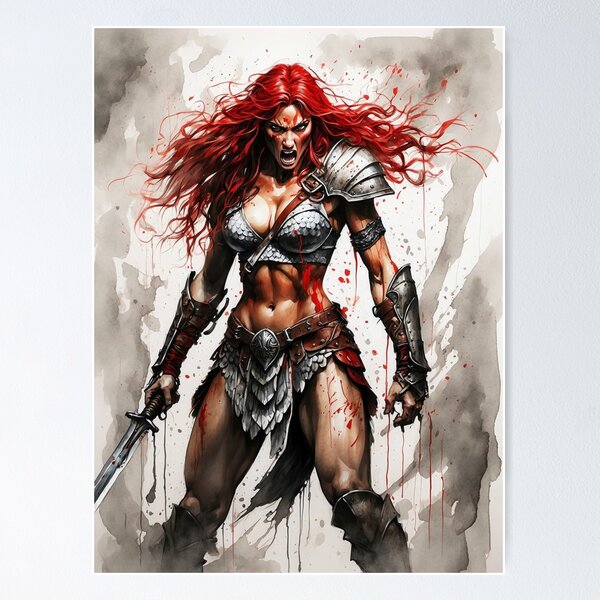Vista previa del artículo con la obra «El grito de batalla de Red Sonja», diseñado y vendido por Samantha AI Artist.