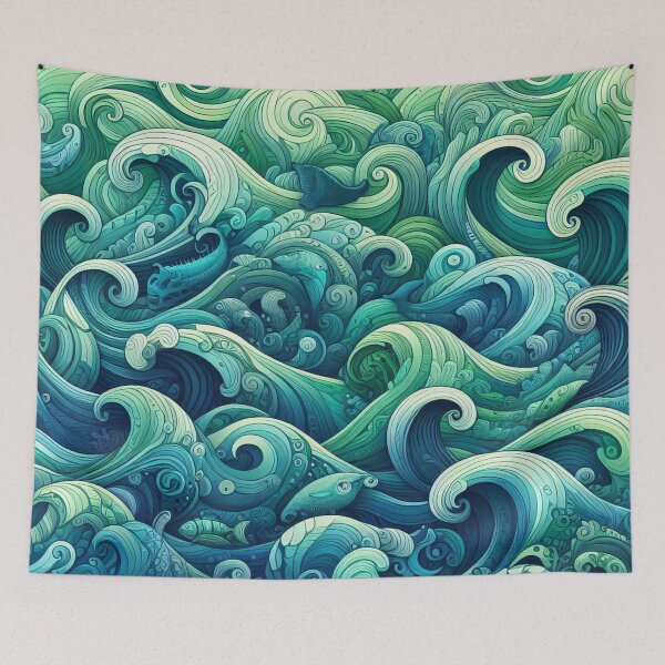 Item preview, Ocean's Embrace Swirling Waves and Marine Life Entwined designed and sold by ArtComixHaven.