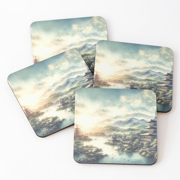Item preview, Beautiful Asian river and mountain  landscape watercolour designed and sold by Coolparrotgirl.