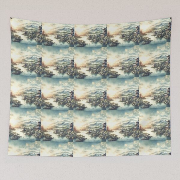 Item preview, Beautiful Asian river and mountain  landscape watercolour designed and sold by Coolparrotgirl.