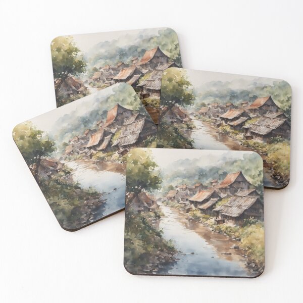 Item preview, Beautiful Asian river and mountain  landscape watercolour designed and sold by Coolparrotgirl.