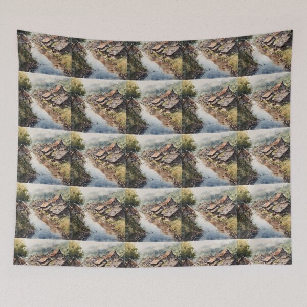 Item preview, Beautiful Asian river and mountain  landscape watercolour designed and sold by Coolparrotgirl.
