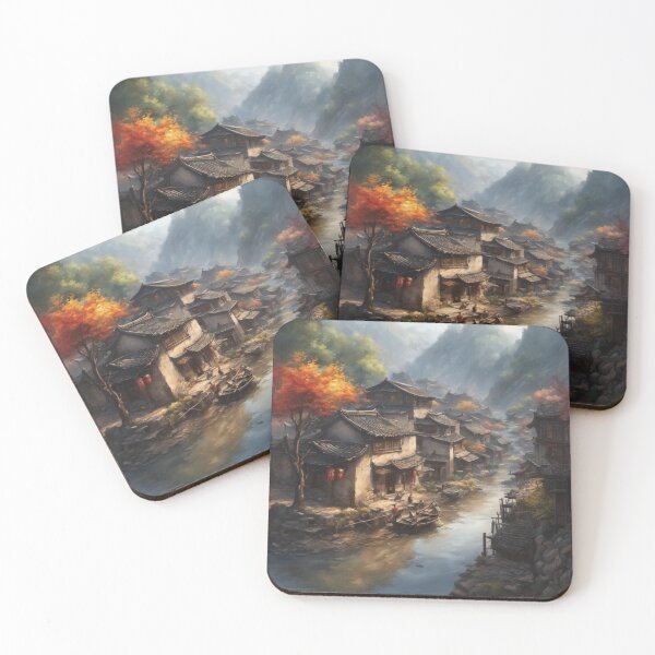 Item preview, Beautiful Asian river and mountain  landscape watercolour designed and sold by Coolparrotgirl.