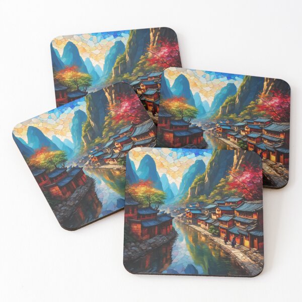 Item preview, Beautiful Asian river and mountain  landscape stained glass  designed and sold by Coolparrotgirl.