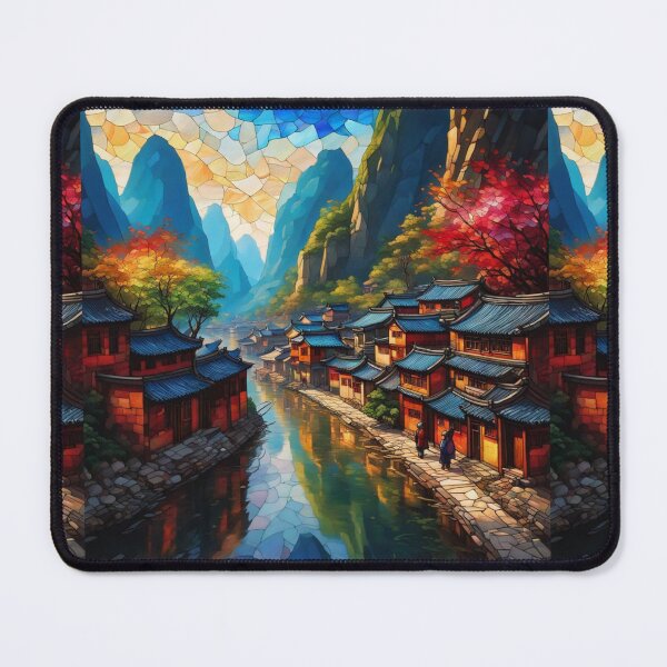 Item preview, Beautiful Asian river and mountain landscape stained glass designed and sold by Coolparrotgirl.