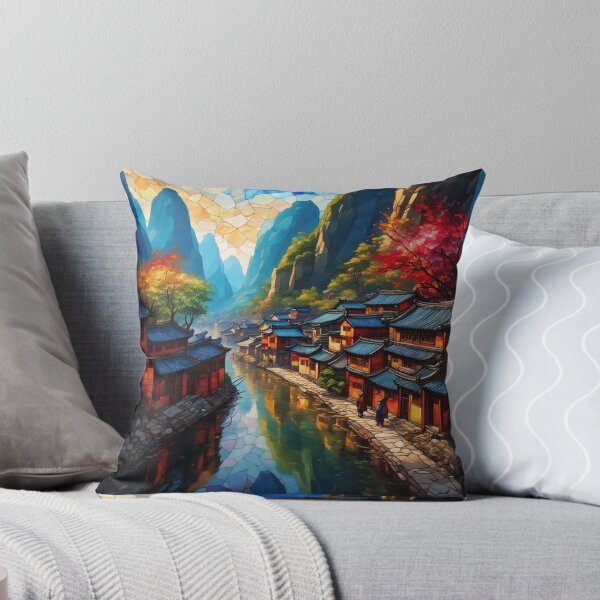 Item preview, Beautiful Asian river and mountain  landscape stained glass  designed and sold by Coolparrotgirl.