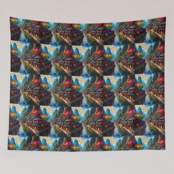 Item preview, Beautiful Asian river and mountain  landscape stained glass  designed and sold by Coolparrotgirl.