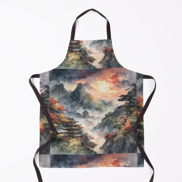 Item preview, Beautiful Asian landscape, watercolour, foggy mountains, sunset, old Asian buildings designed and sold by Coolparrotgirl.