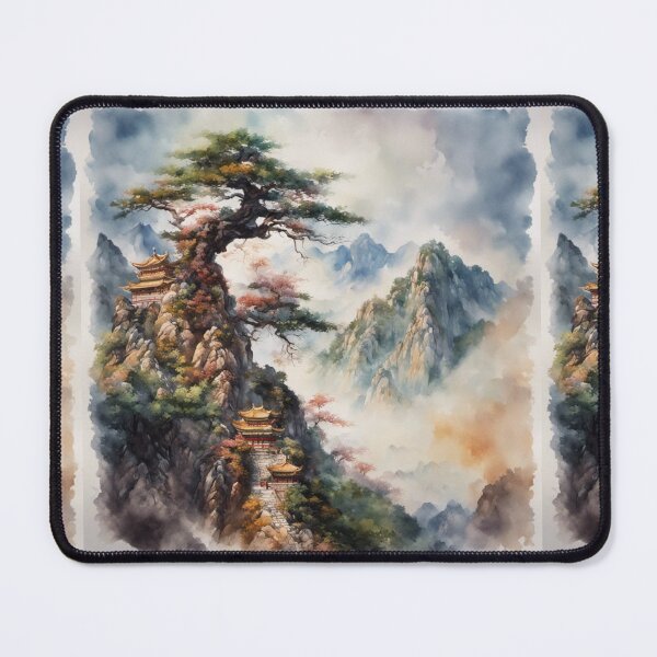 Item preview, Beautiful Asian landscape, watercolour, watercolour mountains foggy fog designed and sold by Coolparrotgirl.