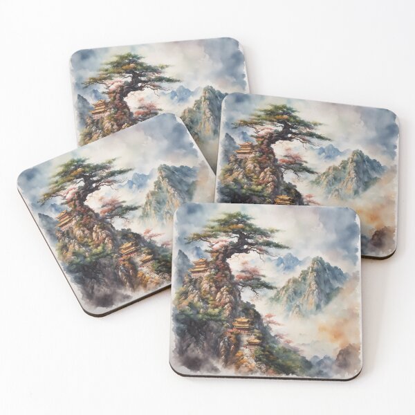 Item preview, Beautiful Asian landscape, watercolour, watercolour mountains foggy fog designed and sold by Coolparrotgirl.