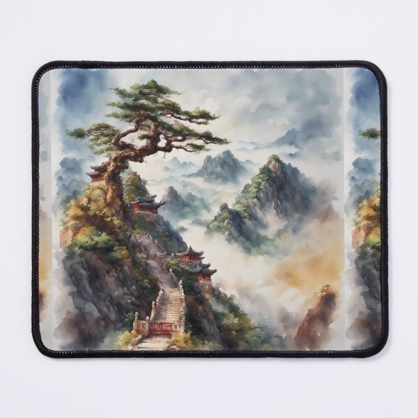 Item preview, Beautiful Asian landscape, watercolour, watercolour foggy mountains, old Asian building designed and sold by Coolparrotgirl.