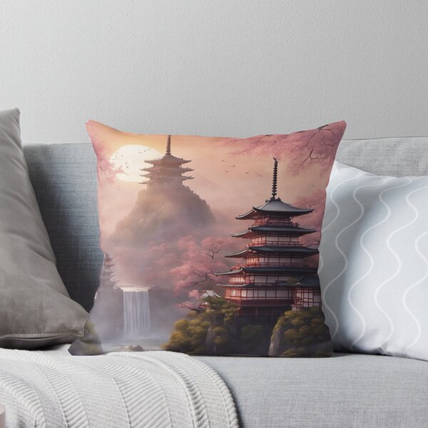 Item preview, Beautiful Asian landscape, mountain and fog, waterfall, pagodas designed and sold by Coolparrotgirl.