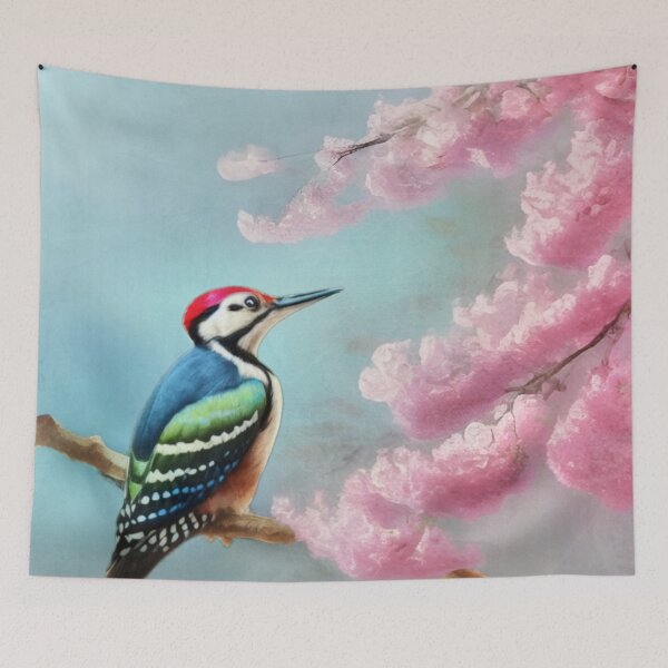 Item preview, Woodpecker Perched On A Blossomed Cherry Tree  designed and sold by Pretty-Bird.
