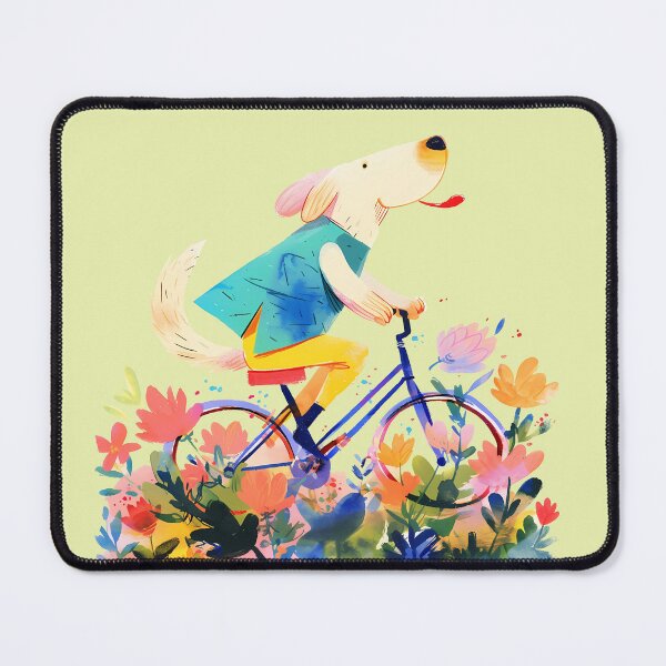 Aperçu de l'œuvre Le chien blanc tire la langue et fait du vélo dans un champ de fleurs. créée et vendue par RoadMail.