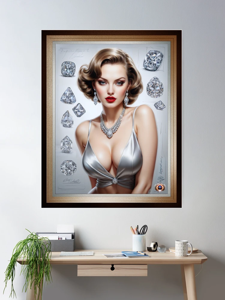 She Loves Her Diamonds Pin Up Girl Astonishing AI Concept Art by Xzendor7 Room Decor Poster Art Print