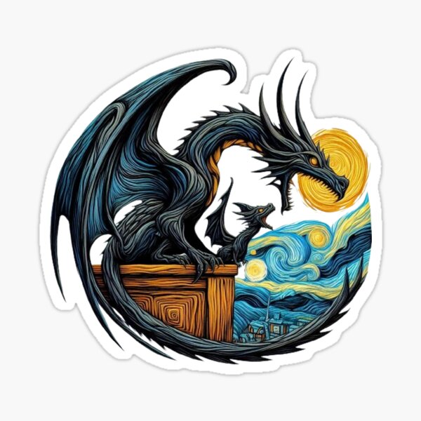 Mama dragon proudly oversees her kit learning skills, high above a picturesque mountain village Sticker