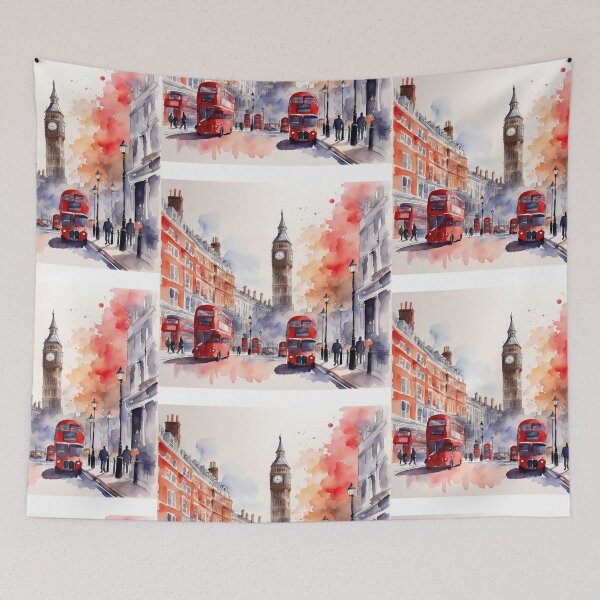 Item preview, Watercolour London iconic view skyline double decker with Big Ben, Red bus designed and sold by Coolparrotgirl.
