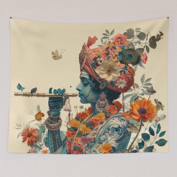 Item preview, Surreal Floral Collage: Lord Krishna Playing the Flute Art of Divine Harmony designed and sold by Mystikos Art.