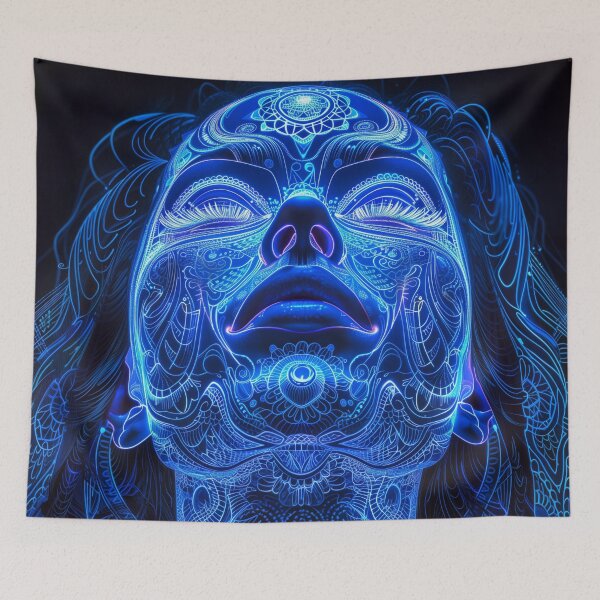 Aperçu de l'œuvre Déesse Mandala Fractale Bleu Néon : Art fascinant sur fond noir créée et vendue par Mystikos Art.