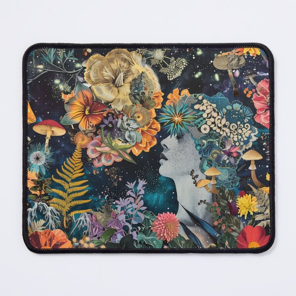 Item preview, Surreal Nighttime Floral Mushroom Garden Woman: Enchanting Collage Art designed and sold by Mystikos Art.