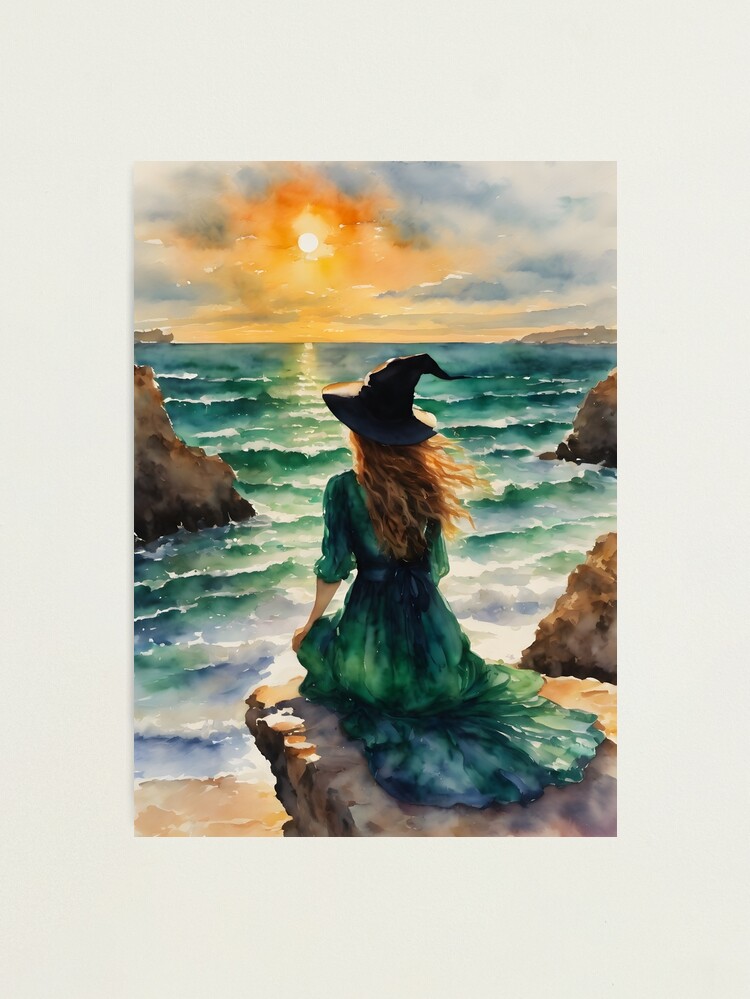 Thumbnail 1 of 3, Photographic Print, Emerald Witch by the Sea by Lyra the Lavender Witch designed and sold by Lyra-Witch.