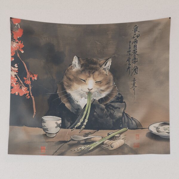 Item preview, Cat eating asparagus, Japanese ukyio-e style, AI art designed and sold by MachinaeDreams.