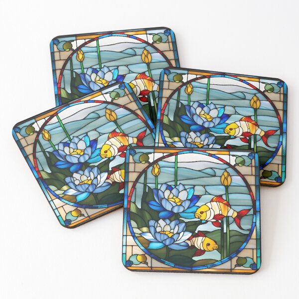 Item preview, Blue Lotus with Peaceful Fish  Stained Glass look. designed and sold by Kona Linda.