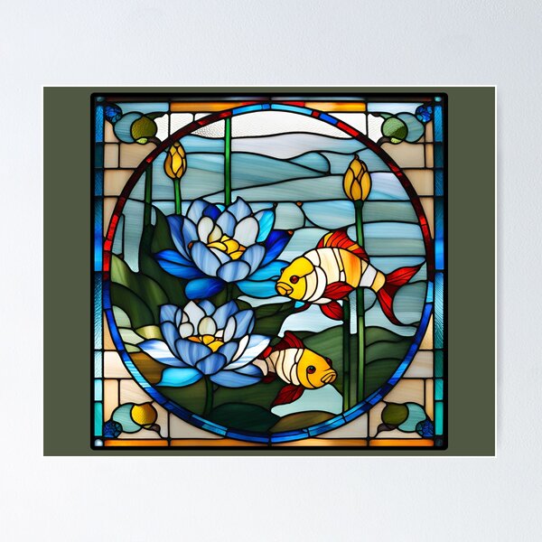 Item preview, Blue Lotus with Peaceful Fish  Stained Glass look. designed and sold by Kona Linda.