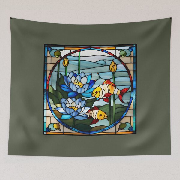 Item preview, Blue Lotus with Peaceful Fish  Stained Glass look. designed and sold by Kona Linda.
