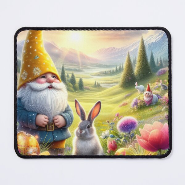 Item preview, gnome with yellow hat and rabbit happy magical easter landscape designed and sold by Expressions-Sel.