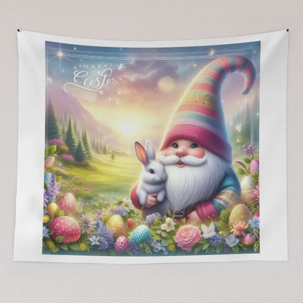 Item preview, gnome with Color hat with flowers and rabbit happy magical easter landscape designed and sold by Expressions-Sel.