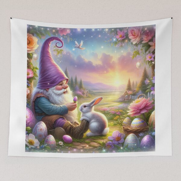 Item preview, easter gnome with Purple hat with rabbit  and flowers magical  landscape designed and sold by Expressions-Sel.