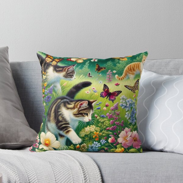 Item preview, Enchanted Garden Cat Exploration - Whimsical Feline Floral Print designed and sold by PillowTalkyZone.