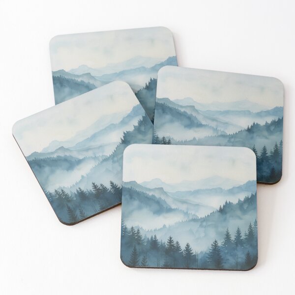 Artikelvorschau, Misty Mountain Serenity: Aquarelllandschaft in Blau und Grau entworfen und verkauft von Daydreamsatdawn.
