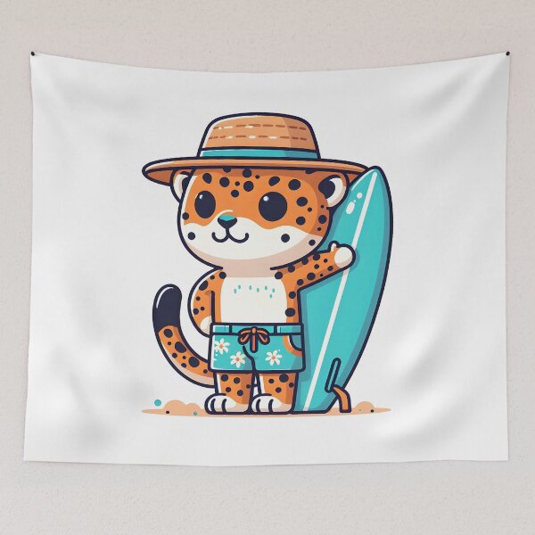 Item preview, Kawaii Jaguar With Surfboard And Beach Shorts Surfing designed and sold by CanvasCutie.